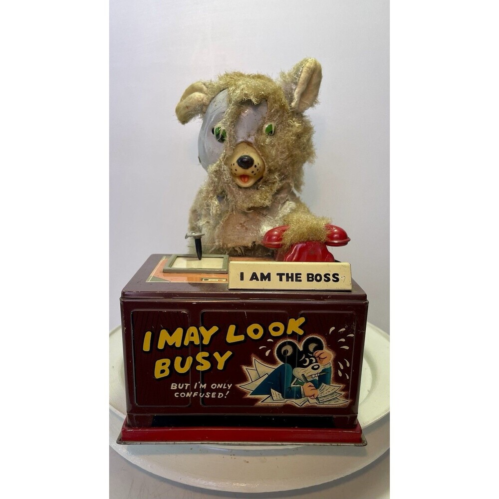Linemar Tin Toy "I Am The Boss" Drinking Writing Bear Japan 1950s AS-IS - Picture 7 of 15